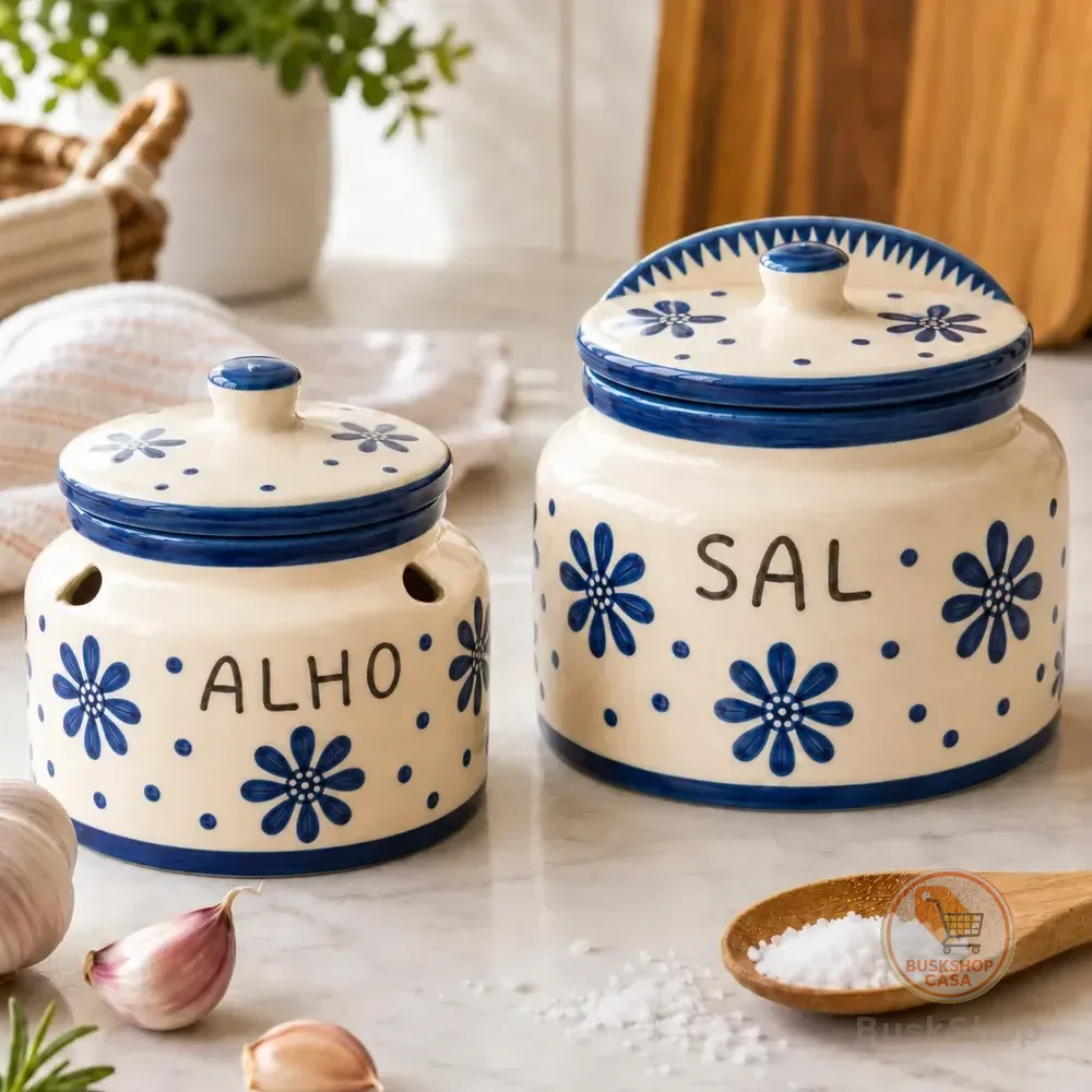Kit Porta Alho E Porta Sal Em Cerâmica Pote Saleiro Cozinha Cobalto Azul