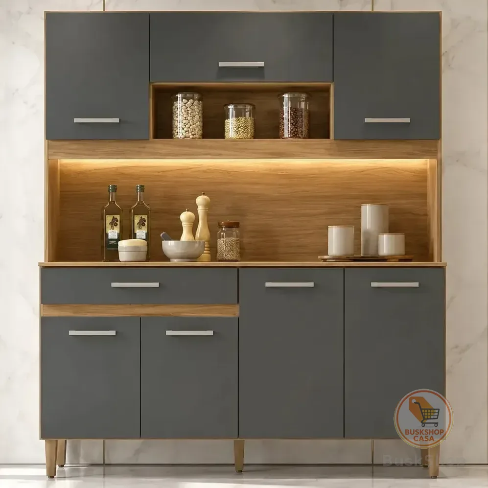 Kit Armário Gabinete Cozinha 7 Portas E 1 Gaveta Organizador Magazine Design Moderno Organizador Cor Freijó Chumbo