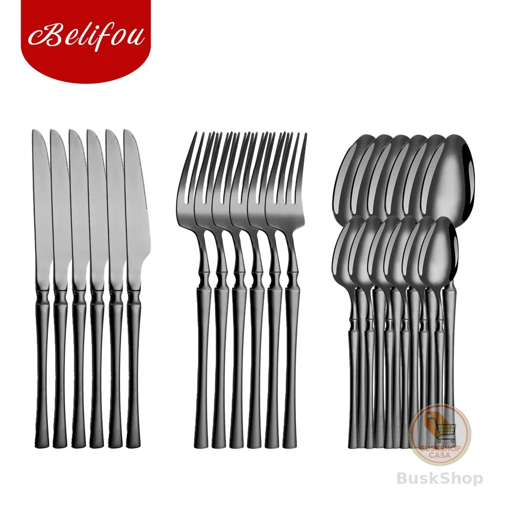 Belifou Kit 24 Jogo De Talheres Aço Inoxidável Cintura Fina Preto