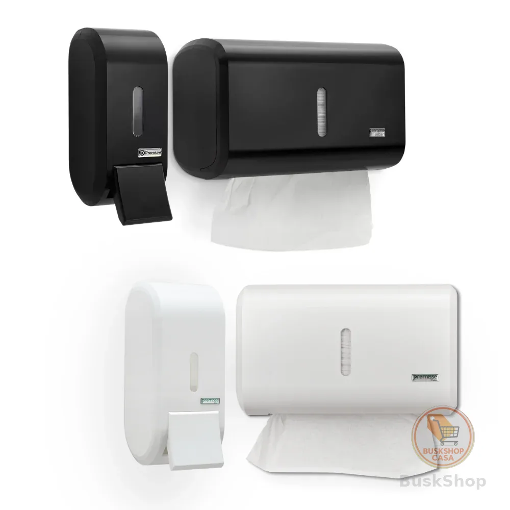 Kit Porta Sabonete Saboneteira 400ml + Porta Papel Toalha Toalheiro Preto / Branco + Kit Montagem