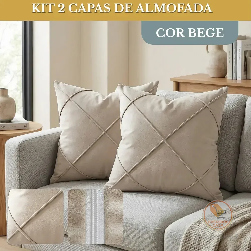 Capas Almofada 2 Unid Suede 40x40 Luxo Zíper Toque Aveludado - Cor Bege