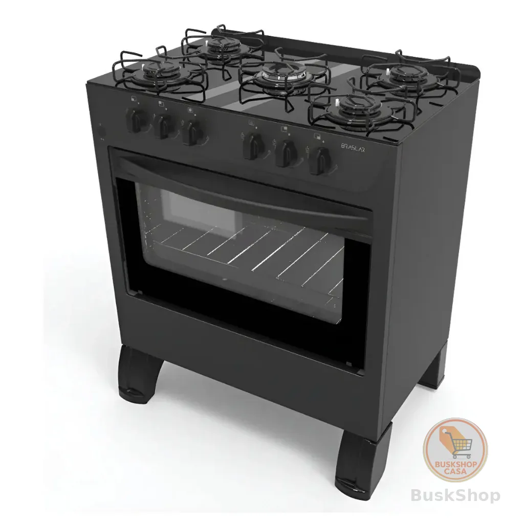 Fogão De Piso com Forno Automático Braslar 5 Bocas Carina  Preto Mesa vidro