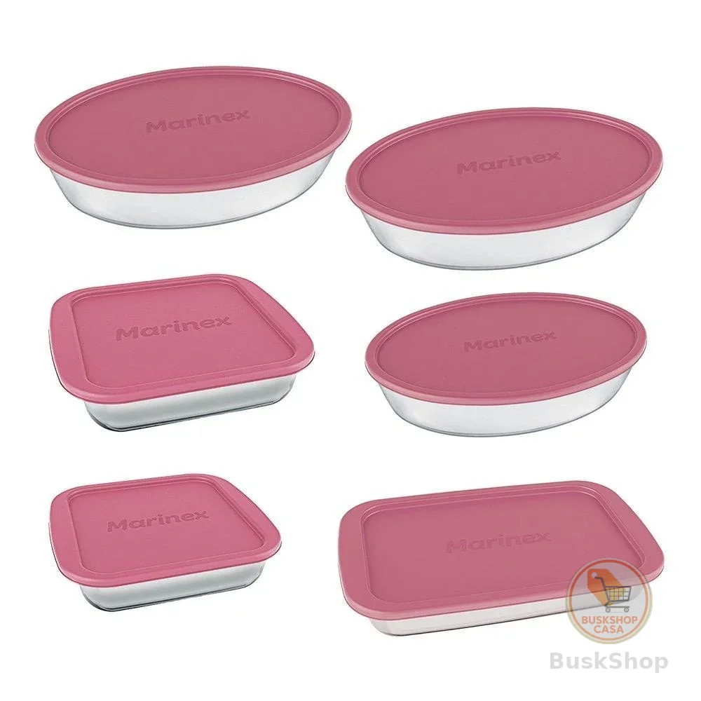 Conjunto de Assadeiras de Vidro Marinex | Com Tampa Rosa 6 Peças