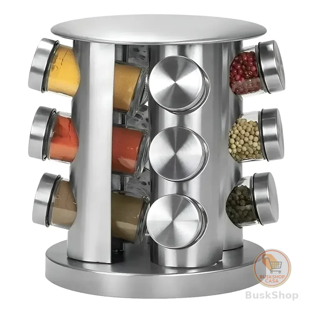 Porta-tempero Giratório Inox Futuro Casa Com 12 Potes Vidro De 80ml