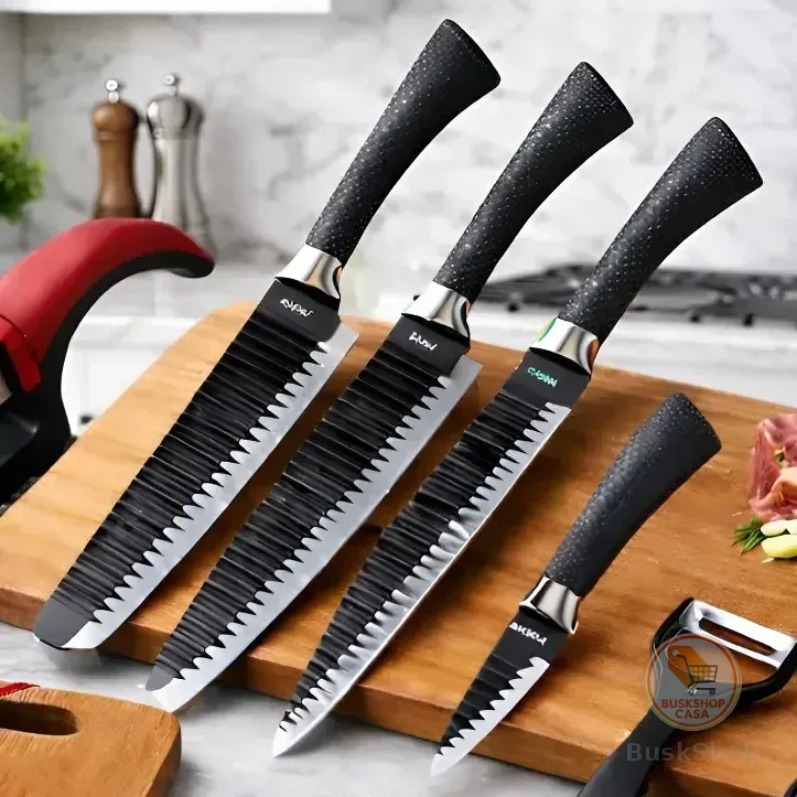 Jogo De Facas Inóx Conjunto 8 Peças Kit Cozinha Churrasco Premium + Tábua Aquattro Preto