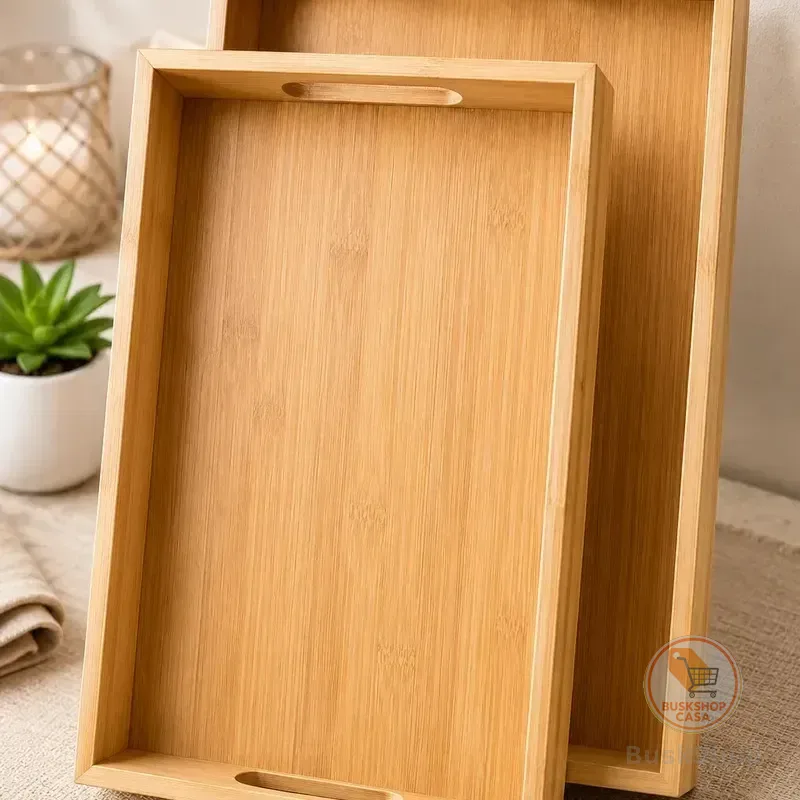 Kit 2 Bandejas De Bambu Retangulares Com Alças Laterais Para Servir Café Decoração Vivatutto Marrom-claro