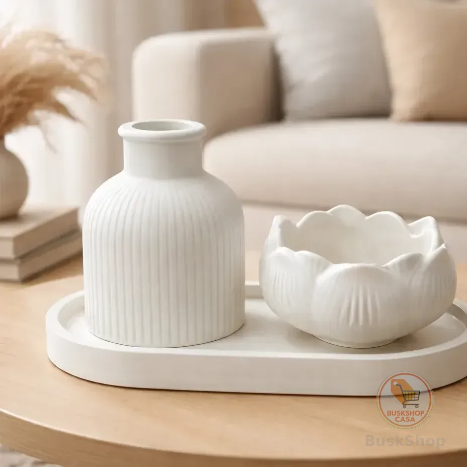 Kit Decorativo Sala Bandeja Com Vasos Design Moderno Branco