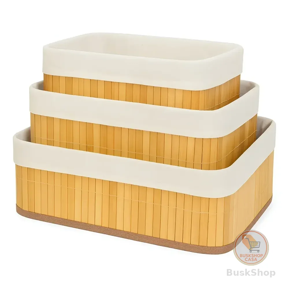 Kit 3 Cestos Organizador De Bambu Multiuso Com Forro Cozinha Banheiro Ziphome Bege
