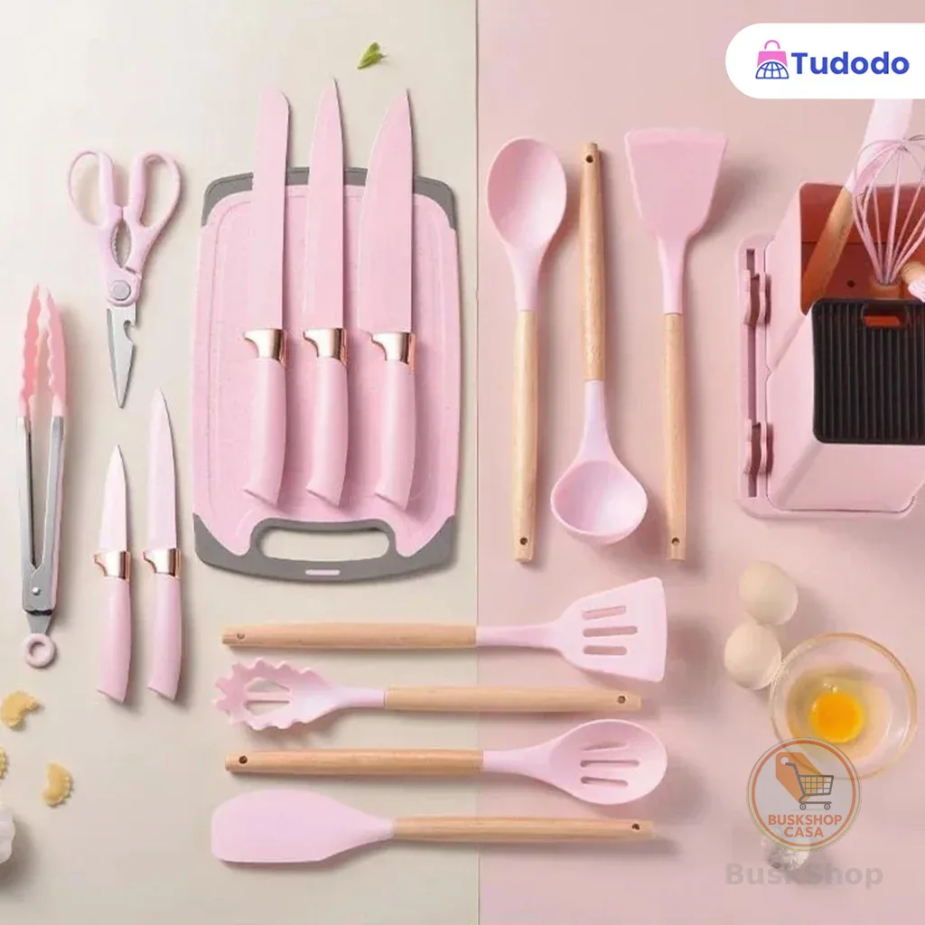 Kit Completo Jogo Utensílios de Cozinha Luxo 19 Peças Com Tábua em Silicone Espátula Faca Tesoura