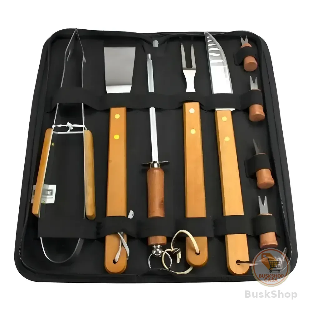 Kit Churrasco 360 De Aço Inoxidável Com 10 Peças