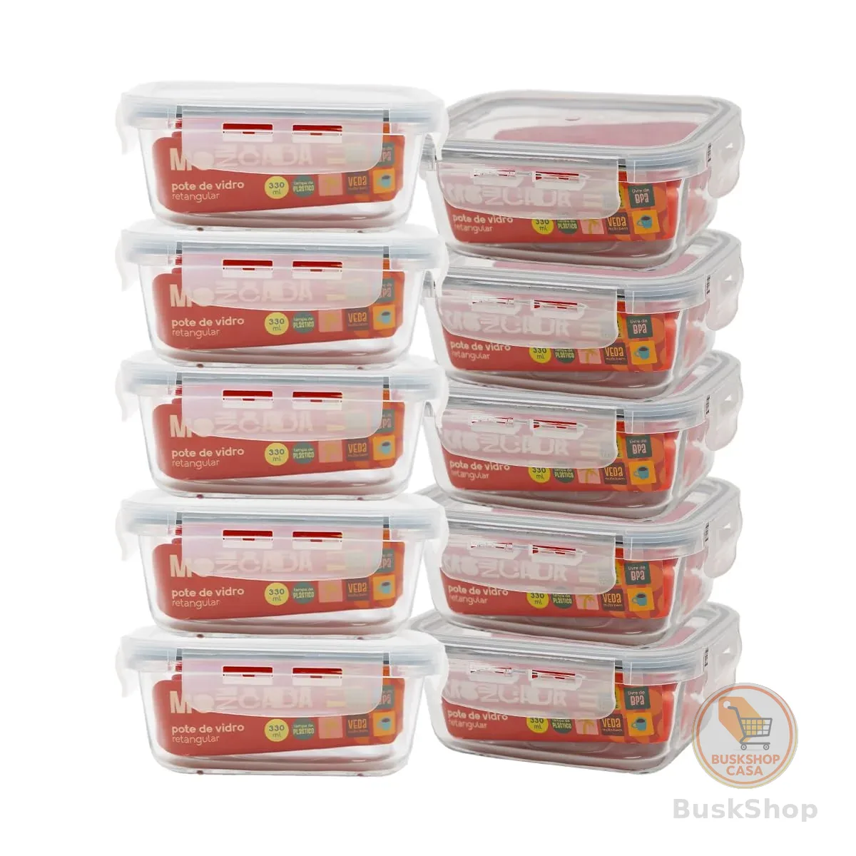 Mozcada - Kit 10 Potes de Vidro Marmita 330ml Hermético com Trava Retangular