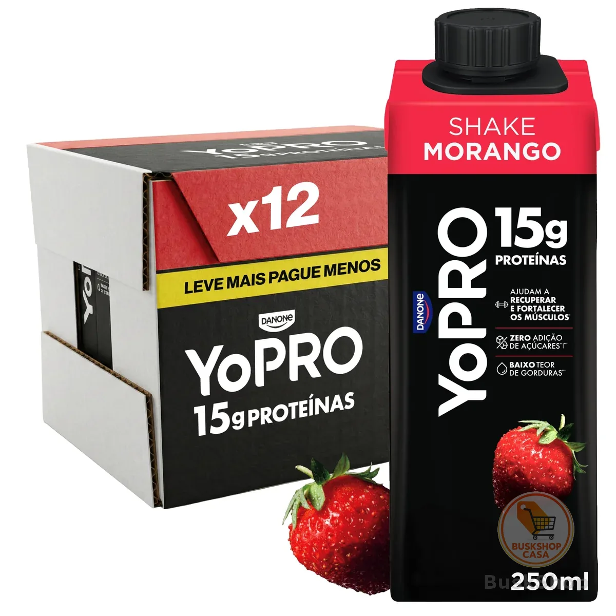 YoPRO Bebida Láctea UHT Morango – 15g de Proteínas, Líquido, Caixinha Tetra Pak 250ml (Pack com 12 unidades)