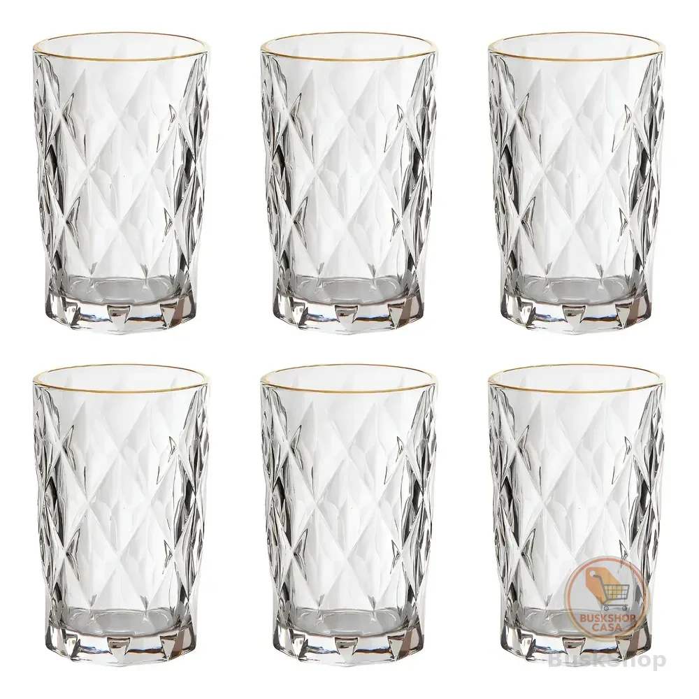 Jogo 6 Copos Altos Vidro 350ml Diamond Clear Borda Dourada Ke Home Transparente Com Borda Dourada