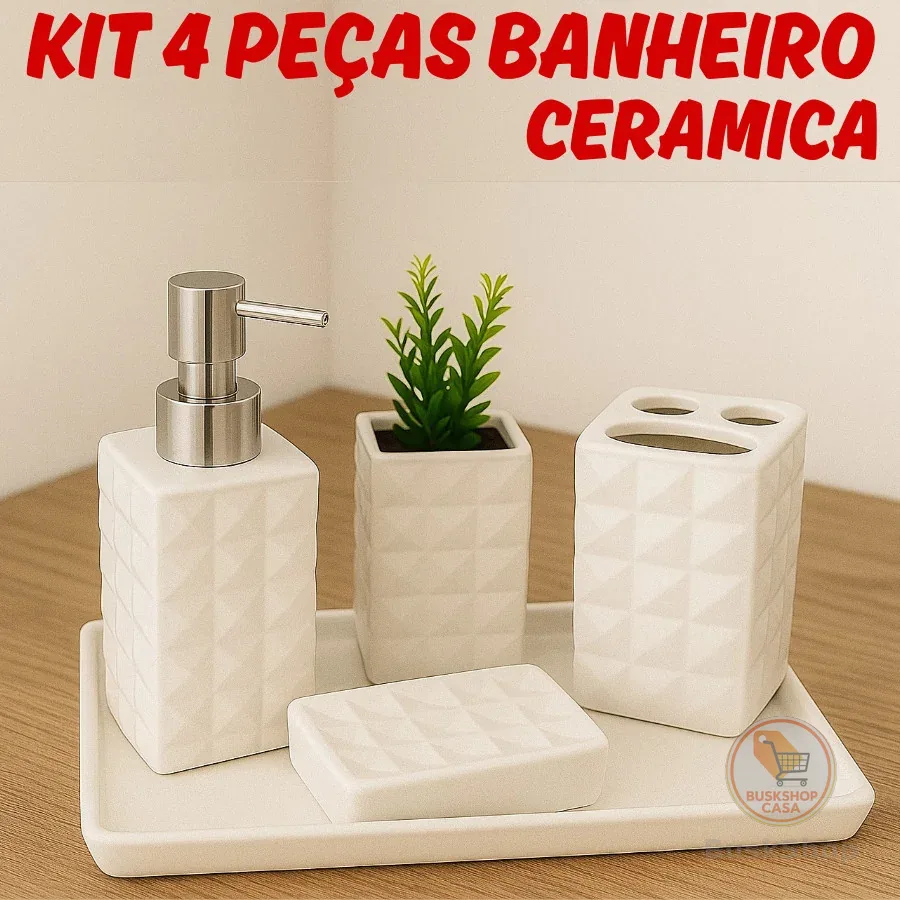 Kit Banheiro 4 Peças Saboneteira Ceramica Porta Sabonete Líquido Textura Diamante Porta Escova Dente