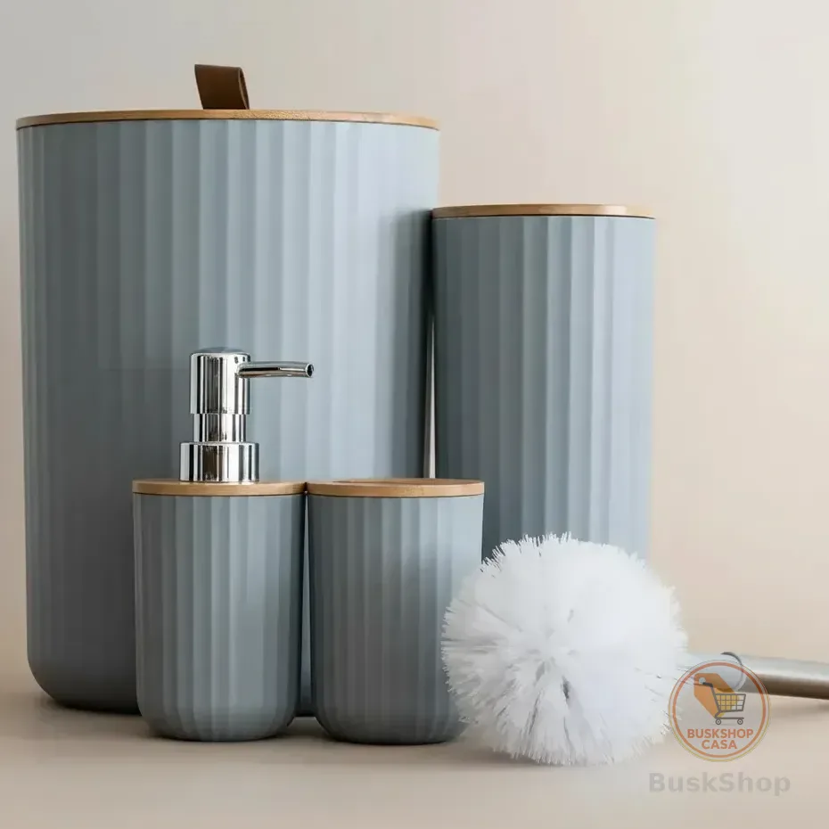 Kit Banheiro Lavabo Bambu 4 Peças Lixeira Escova Dispenser Cinza