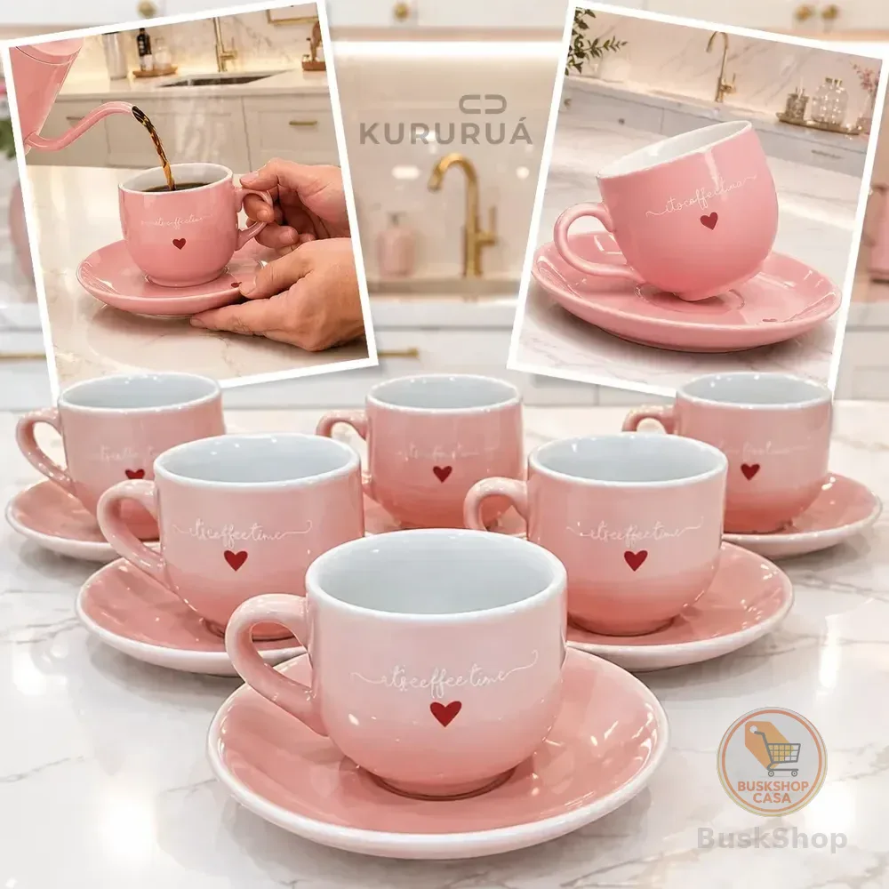 Jogo 6 Xícaras Café Porcelana Rosa 90ml Com Pires Rose Conjunto Marca Kururuá Coração