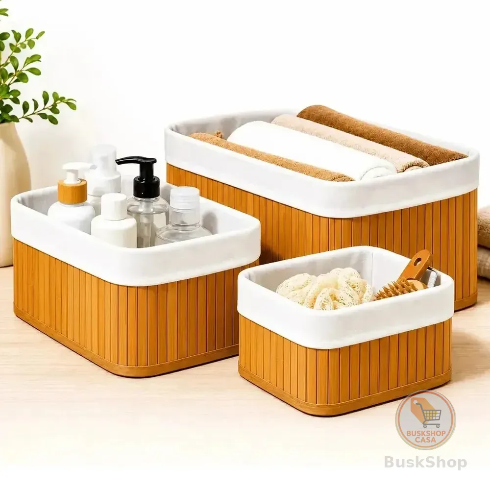 Kit 3 Cestos Domésticos Organizadores De Bambu Multiuso Bege