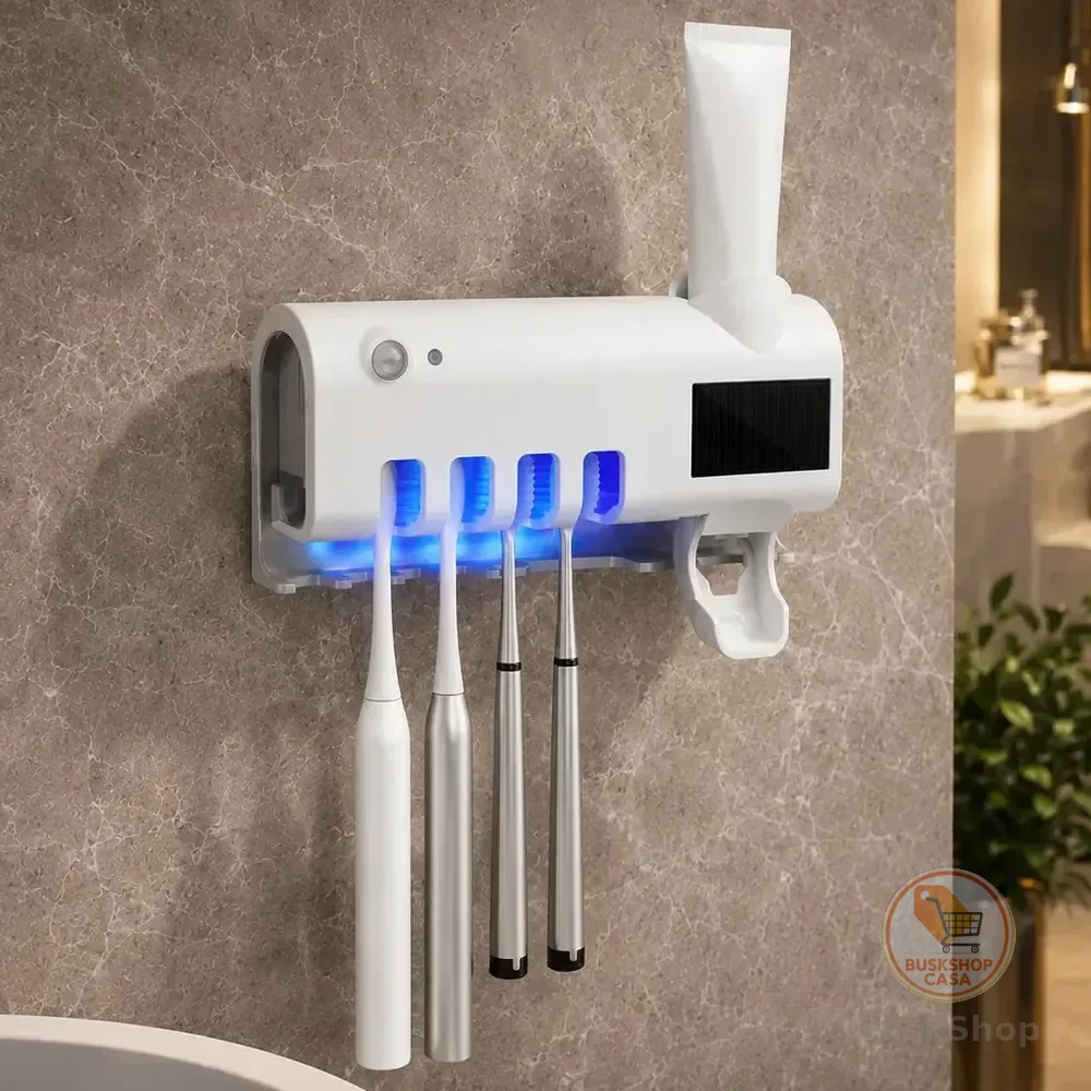 Dispenser Pasta De Dente Com Porta Escova Suporte De Parede Para 4 Escovas Branco Esterilizador Uv Ligeiro