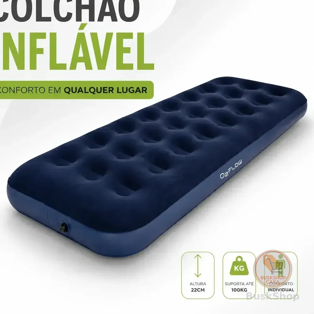 Colchão Inflável Solteiro Multiuso Aveludado Azul
