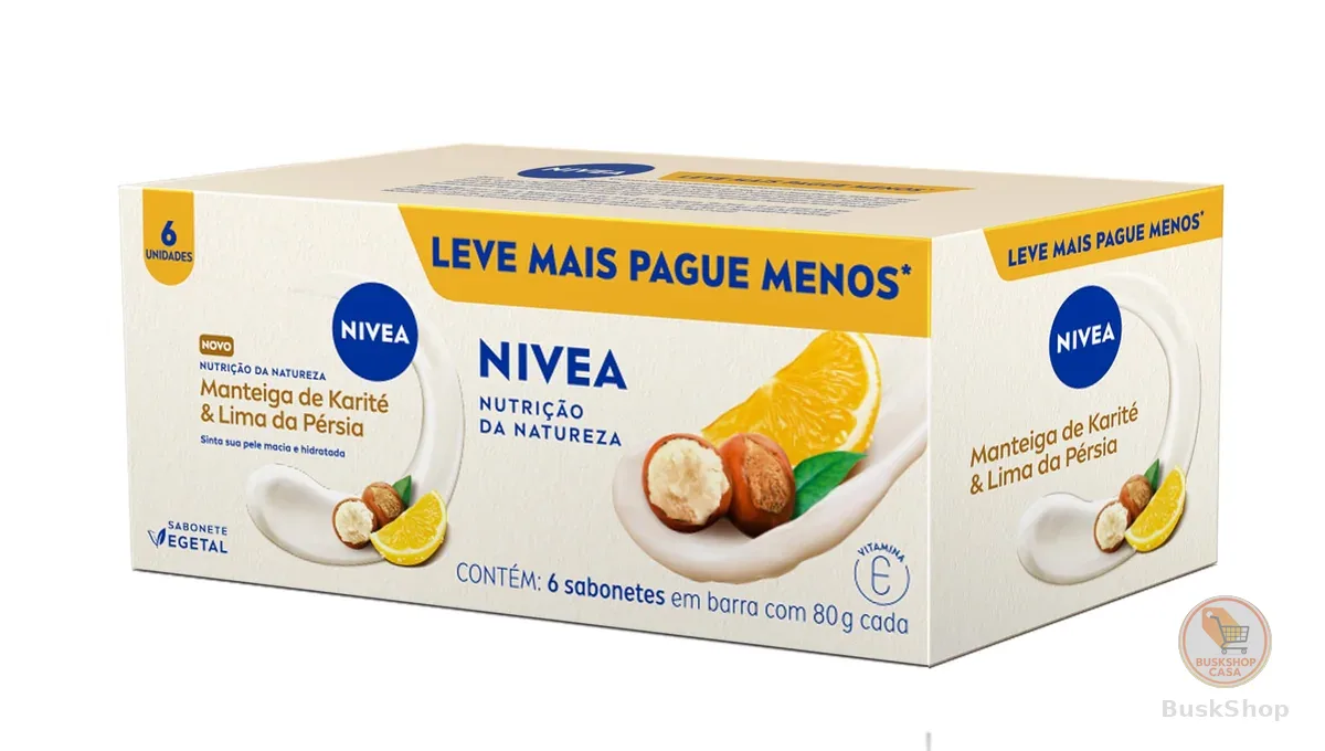 NIVEA Sabonete Vegetal Nutrição Da Natureza Manteiga De Karité & Lima Da Pérsia 80g (6 un.), Limpeza Delicada, Banho, Pele Macia e Hidratada, Fórmula Natural