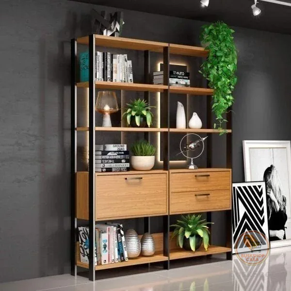 Estante de Livros Industrial 100% MDF 144CMX185CM 1 Porta 2 Gavetas Marrom/Freijó/Preto Freijó/Preto Fosco