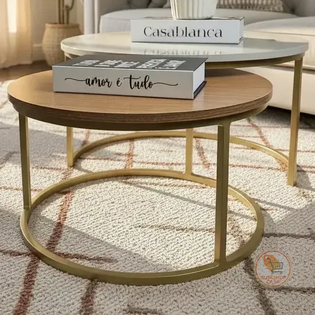 Kit Mesa de Centro Redonda Dourada Com Tampos em MDF OffWhite e Freijó
