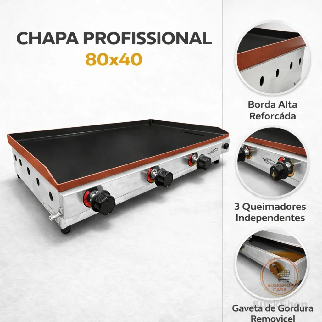 Chapa De Lanche Hamburguer 80x40 Borda Alta Profissional Chapa Grande Para Lanches À Gás Chapeira