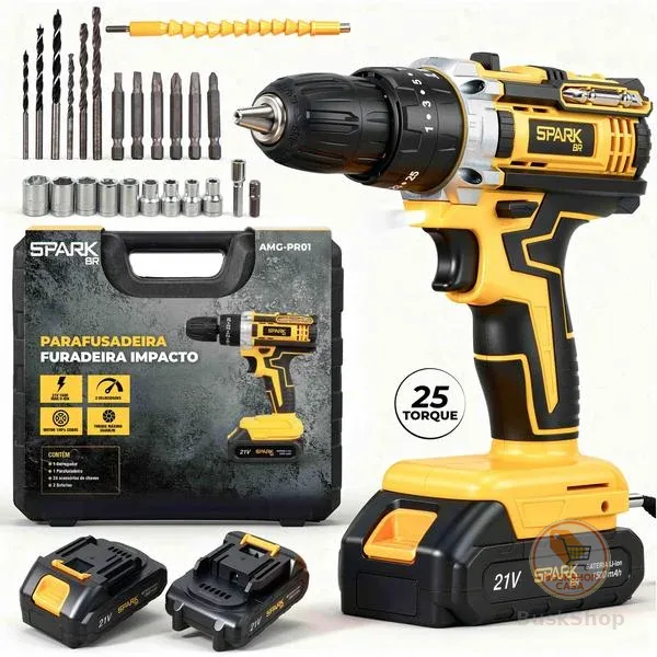 Furadeira Parafusadeira Impacto SparkBr AMGPR01 21V 26 Acessorios 2 Baterias Cm LED Maleta Profissional Recarregavel