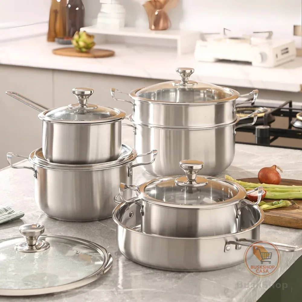 Jogo De Panelas Em Aço Inox 11 Peças Tampa De Vidro E Fundo Para Fogão De Indução CHEF D