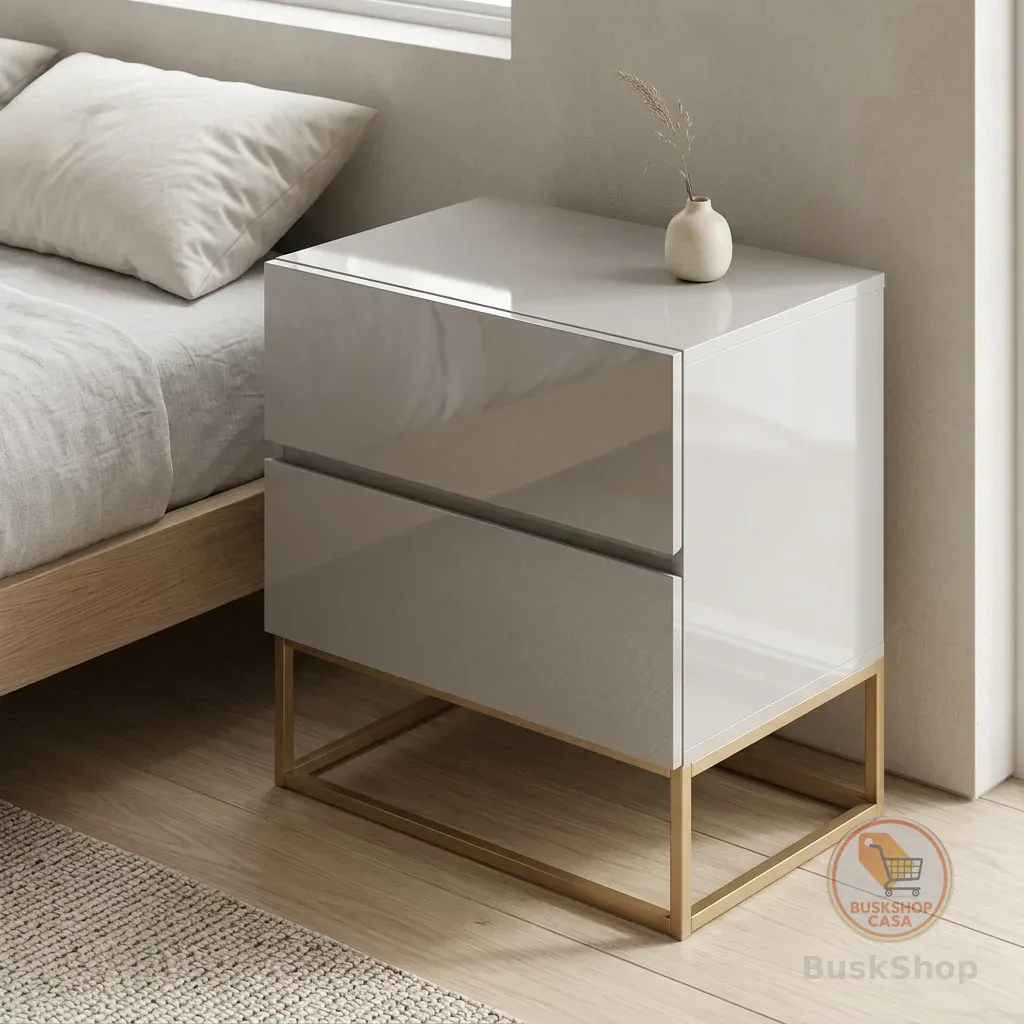 Mesa Cabeceira Eros 45cm 2 Gavetas estilo Industrial com Pés Dourado