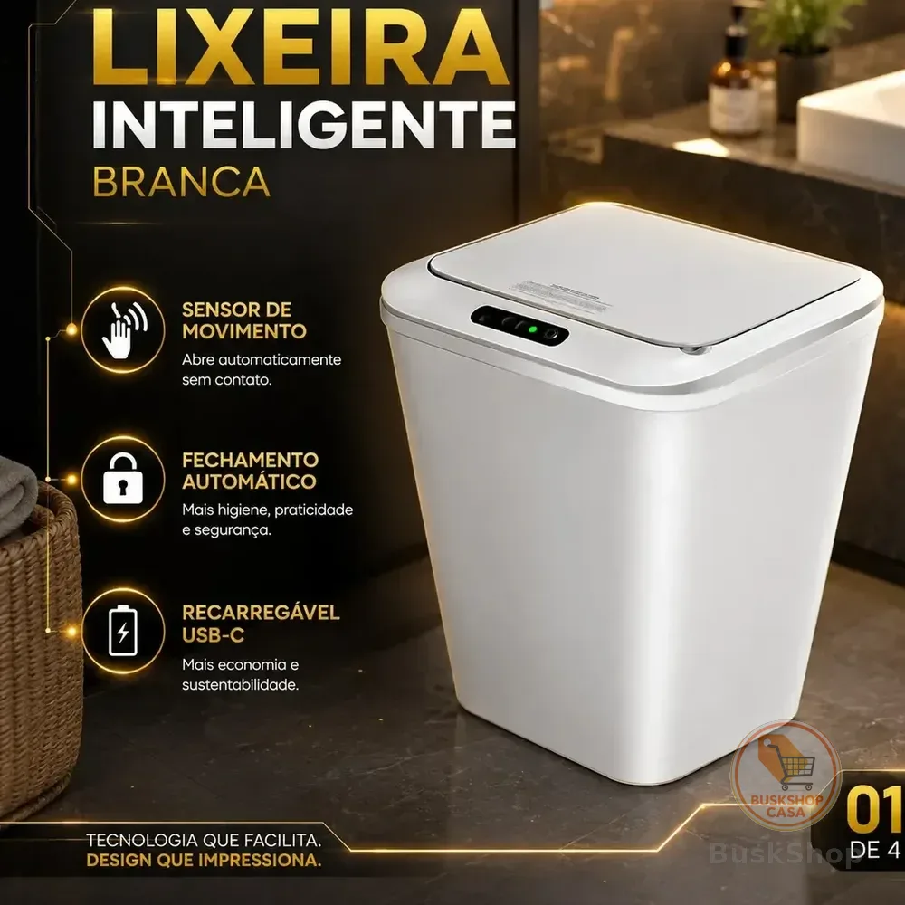 Lixeira Inteligente Automática Branca Universal Com Sensor Hearbuds Recarregável Anti Odor 16L