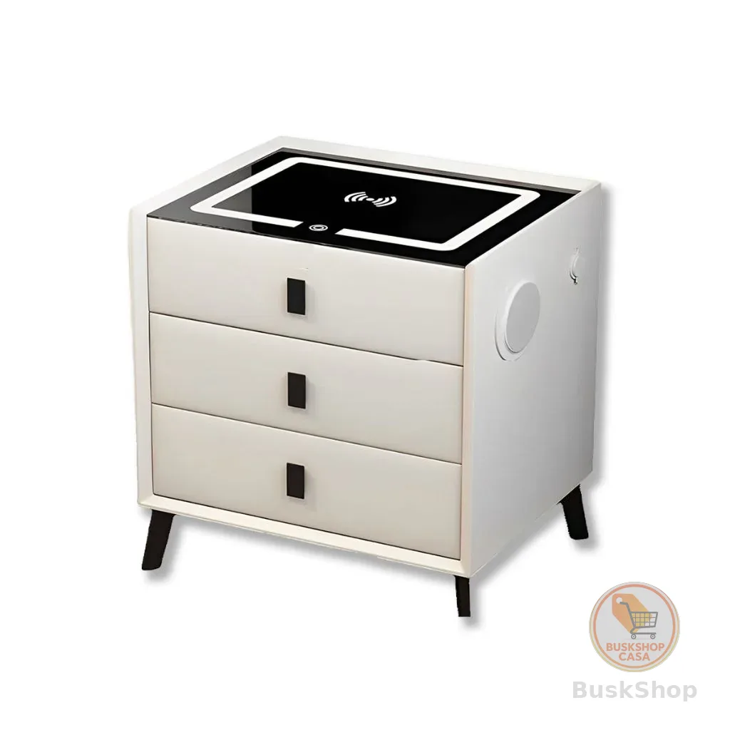 Mesa de Cabeceira com LED Touch, Conexão sem fio e 3 Gavetas Branco ou Cinza