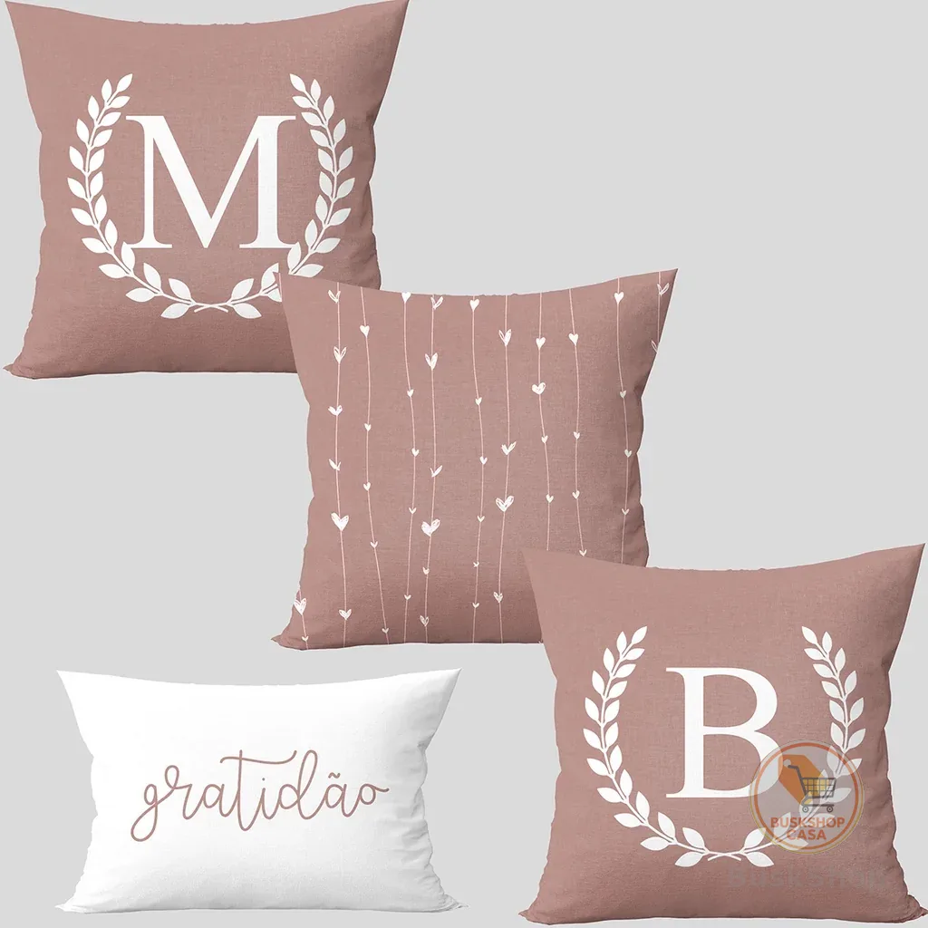 Kit 4 Capas Almofadas Estampa Letra Inicial Casal + Baguete 45x45 Para Cama Posta Rosê
