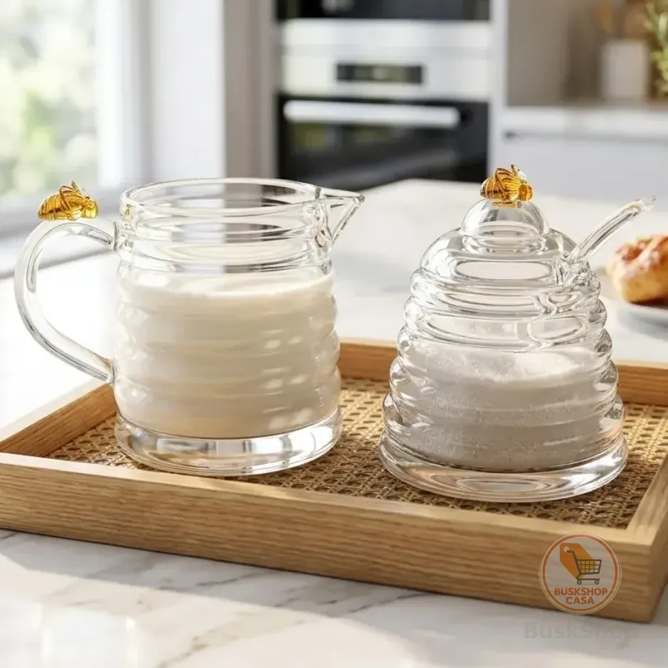 Jogo Açucareiro Cristal 140ml + Leiteira 300ml Little Bee Detalhe Abelha Colméia Luxo - Lyor