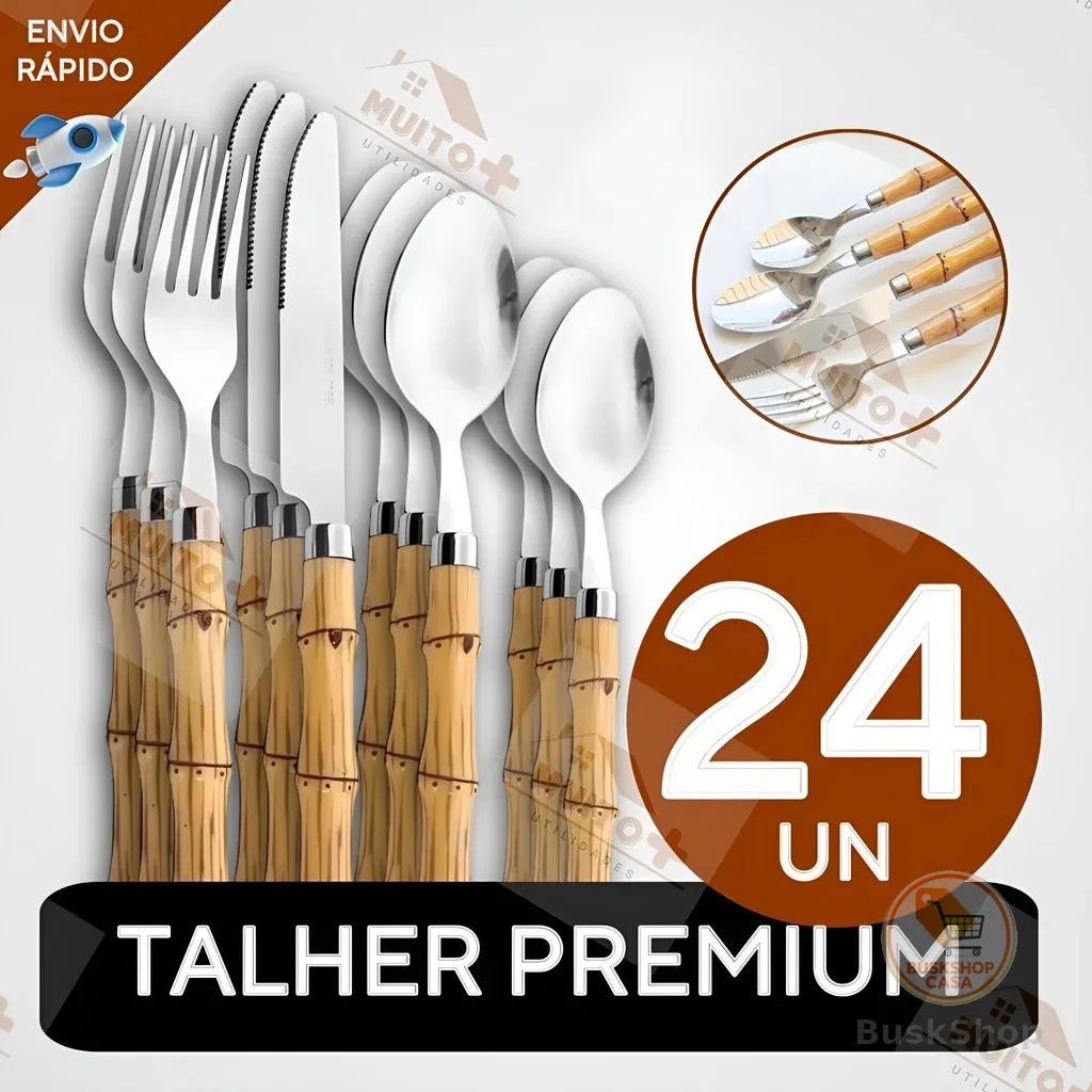 Jogo de Talheres 24 Peças Facas Garfos Colher e Colheres de Sobremesa Em Aço Inox de Cabo Plástico Bambu