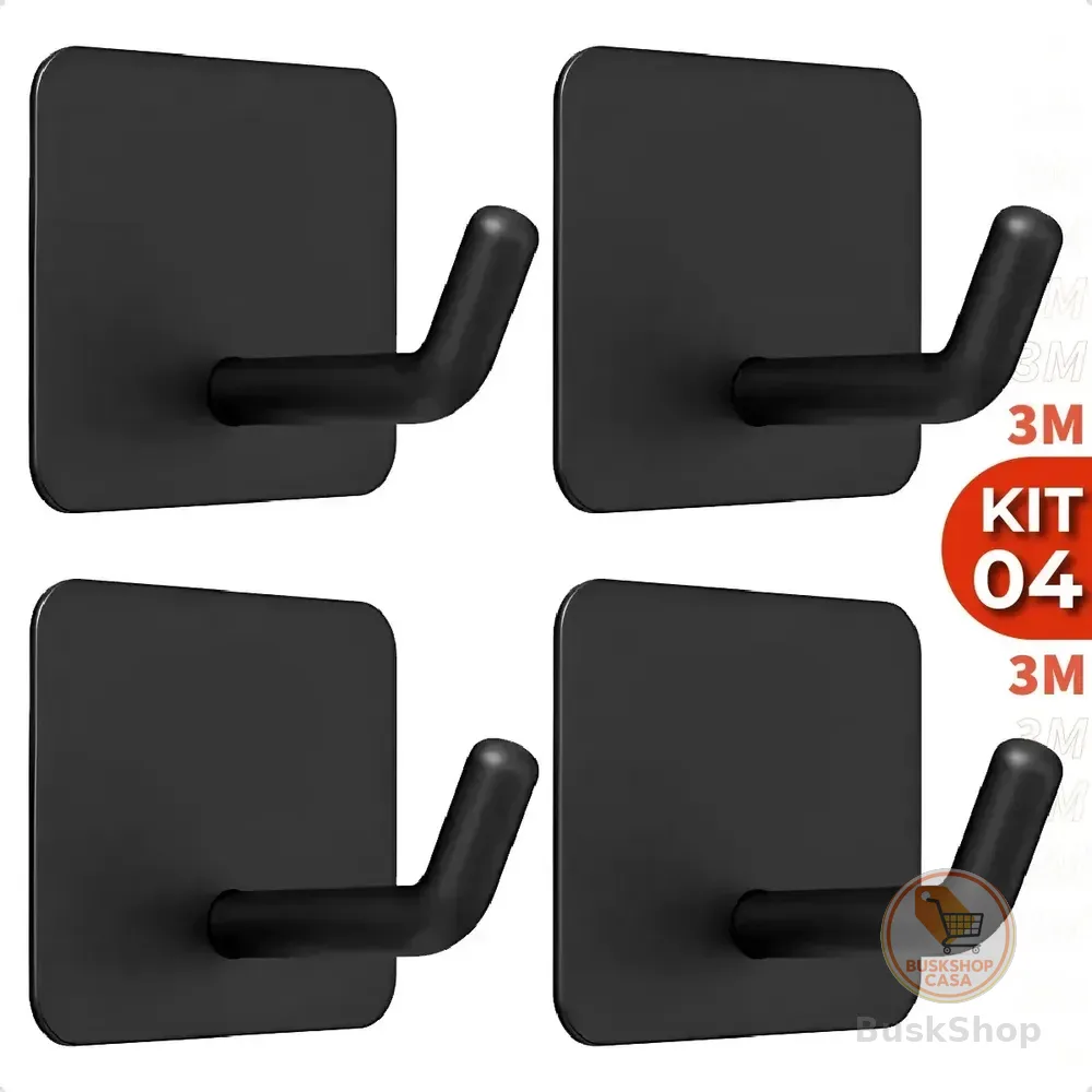 Kit 4 Ganchos Adesivos 3m Aço Inox Suporte Multiuso Para Pendurar Toalhas Roupas Chaves Banheiro Cozinha Cor Preto Marca Homeroarte