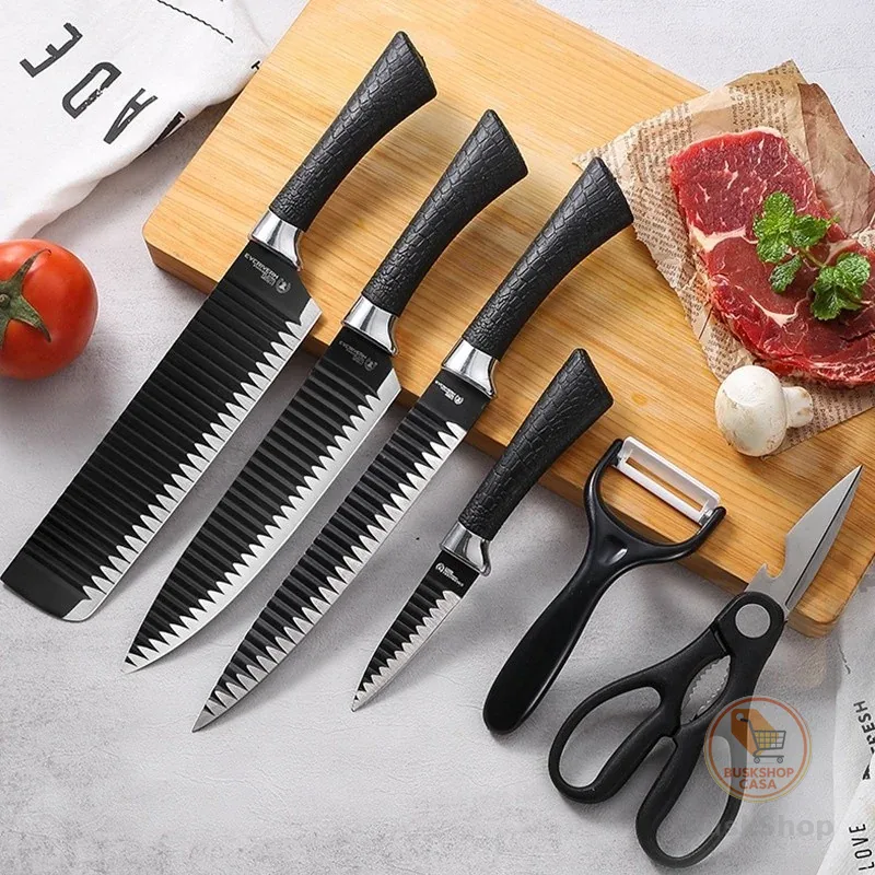 Kit 6 Peças Conjunto de Faca Carne Cutelo Legumes Aço Carbono Descascador Tesoura Profissional