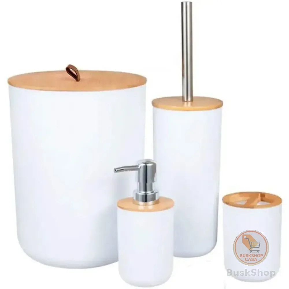 Kit Banheiro Conjunto Acessórios Banheiro Lavabo Bambu 4 Peças Lixeira Escova Sanitária Dispenser Saboneteira Porta Escova Redondo Branco Shokki