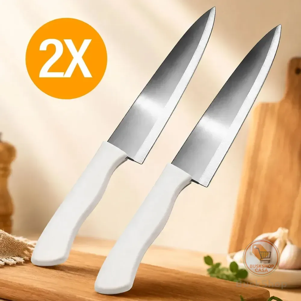 Kit 2 Facas Aço Inox Cozinha Corte Afiado Carne Açougueiro Chef Cabo Branco - Marca Kill Rex