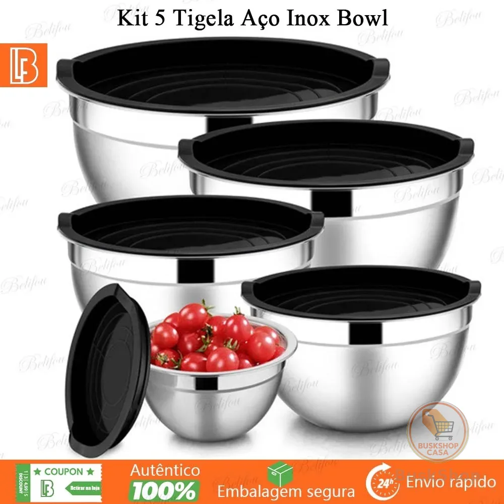 Kit 5 Tigela Aço Inox Bowl Funda Multiuso Redonda Saladeira Confeitaria Bowls Vasilha Com Tampa