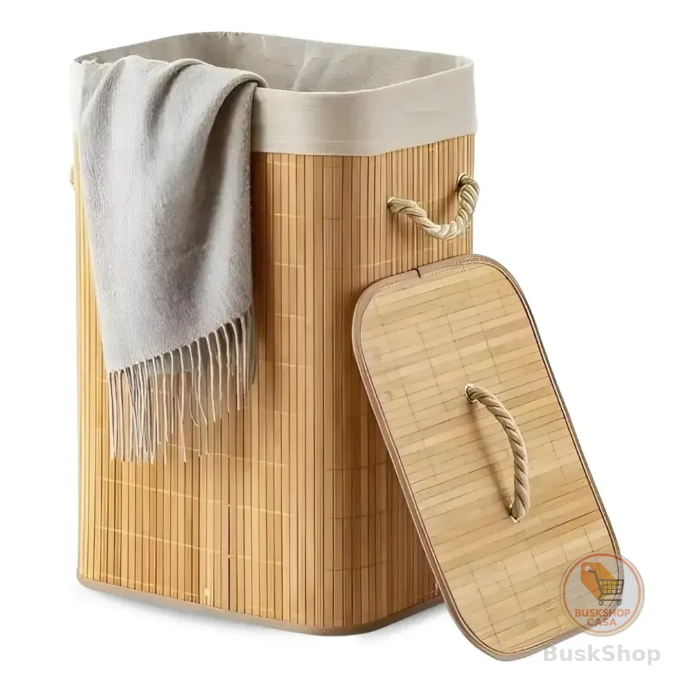 Eps-3903 Cesto Roupa Bambu Retangular Dobrável Com Tampa Alças 60l