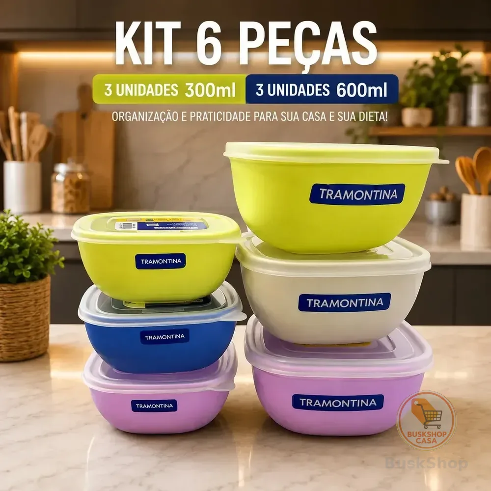 Kit Com 6 Peças 300ml E 600ml Jogo De Potes Tramontina Mixcolor Com Tampa Bpa Free Organizador De Alimentos Pote Plástico Para Cozinha Geladeira Freezer Marmita Porta Mantimentos Empilhável