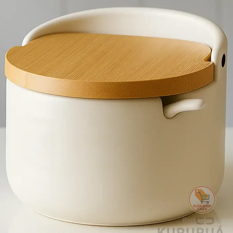 Saleiro De Mesa Porta Sal Em Porcelana Com Colher Tampa Bambu Cor Branco Marca Kururuá