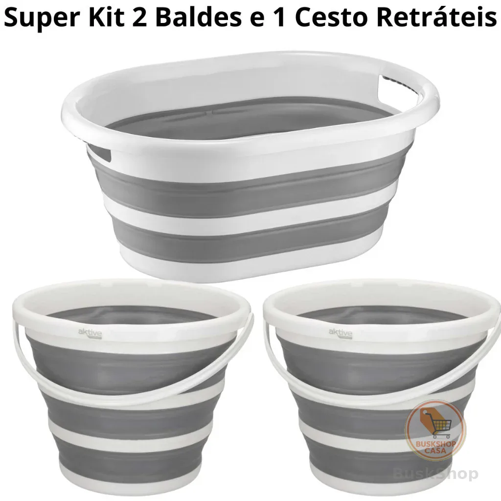 Kit Com 1 Cesto De 26 Litros Retrátil de Silicone E 2 Baldes 10 Litros Retrátil Dobrável Powermaid