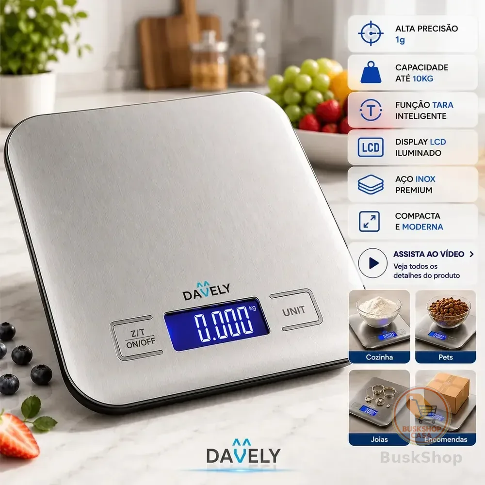Balança Digital Cozinha eletrônica Touch 10kg Inox Display Led LCD culinária Fitness pesagem alimentos para dieta portátil alimentar Foods Comida Profissional Domestico Confeitaria Nutricional Davely.