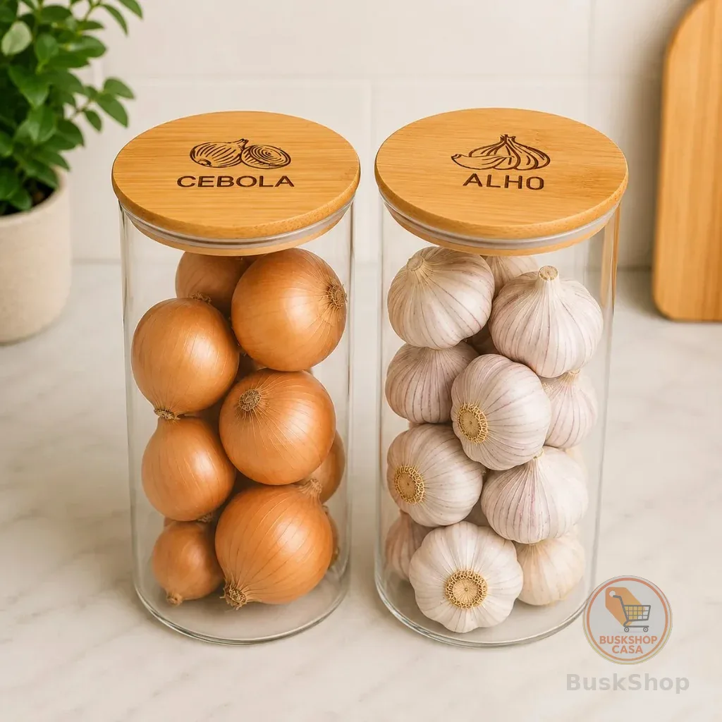 Kit Potes Alho Cebola Sal E Pimenta Organizador Cozinha Tampa De Bambu Transparente Porta Mantimentos Decorativo Cozinha