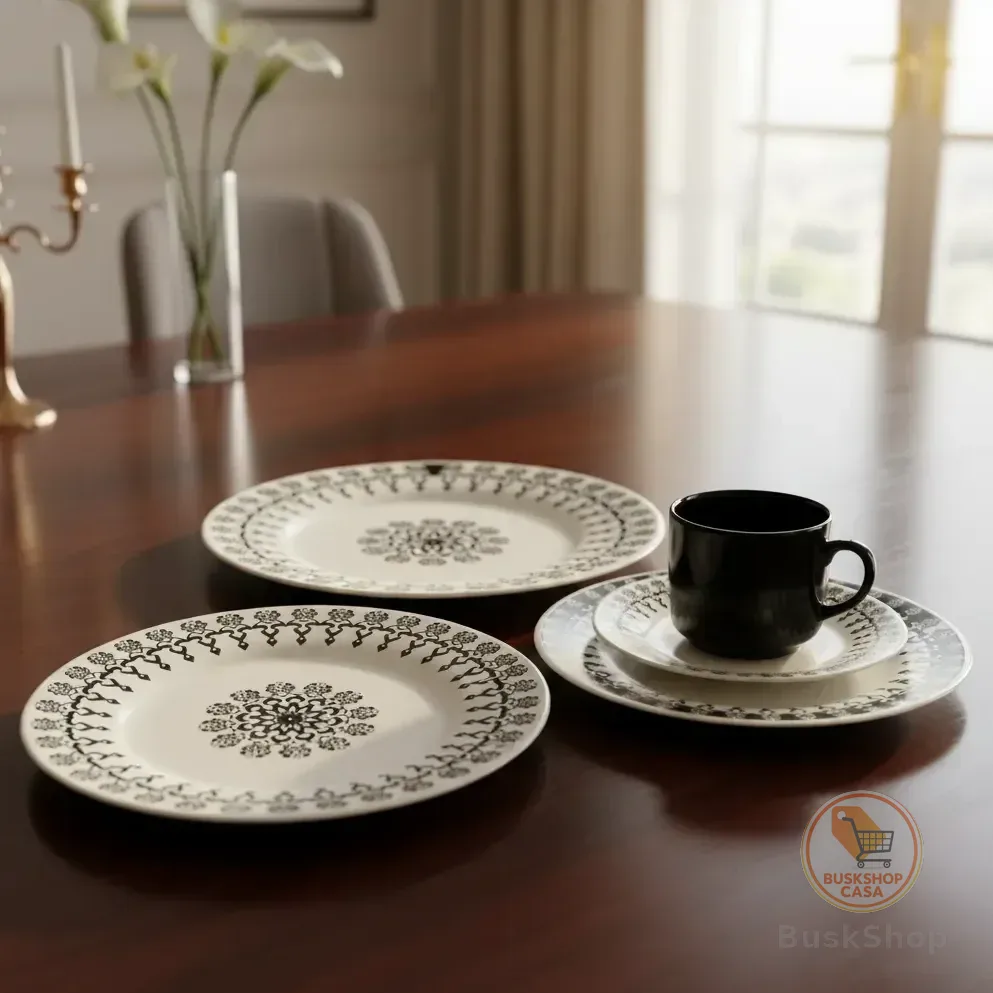 Aparelho De Jantar E Chá 20 Pçs Biona Donna Folk Kit Prato Preto Folk