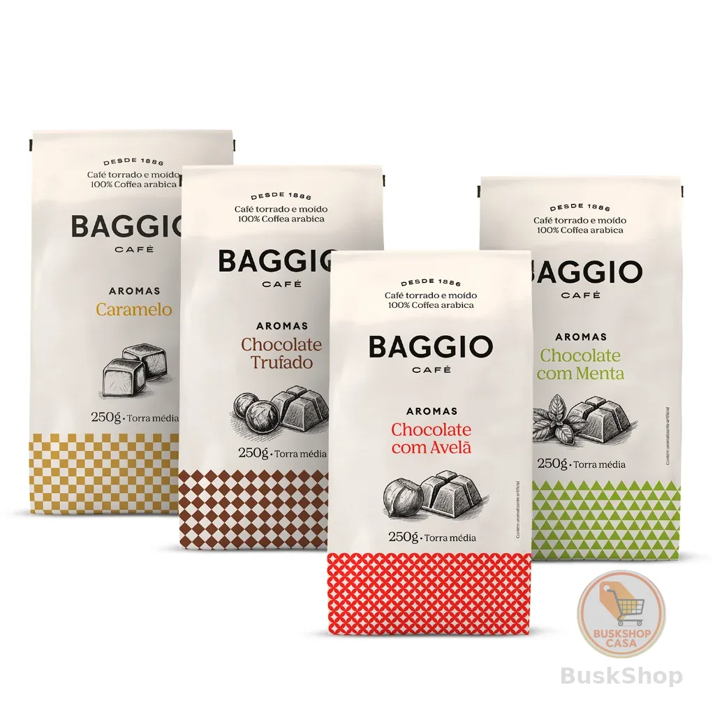 Baggio Café - Kit de Cafés Moídos Aromas 1kg - Caramelo, Chocolate Trufado, Avelã e Menta
