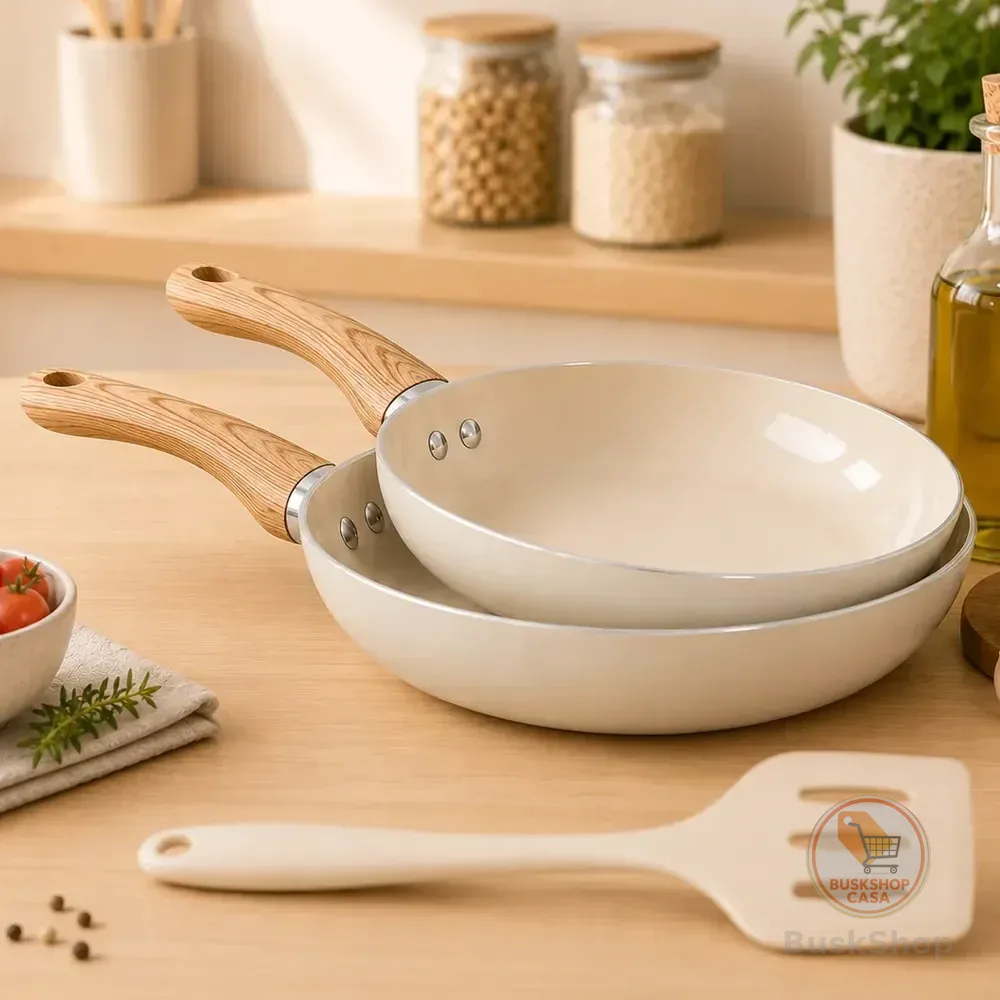 Kit 2 Frigideiras Cerâmica Antiaderente Com Espátula 3 Peças Bege
