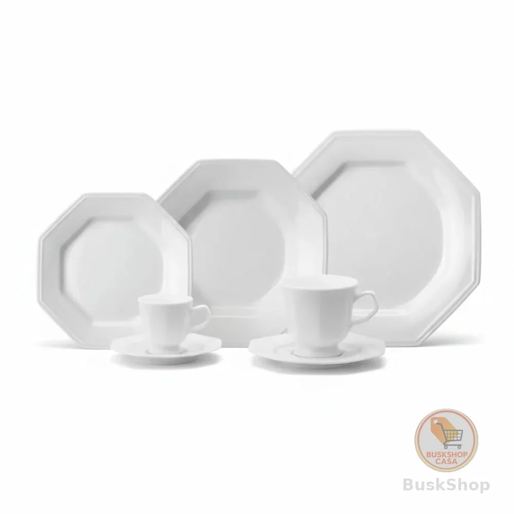 Serviço de Jantar Chá Café 42 peças em Porcelana. Modelo Octogonal Prisma. Branca. Fabricado pela Schmidt.